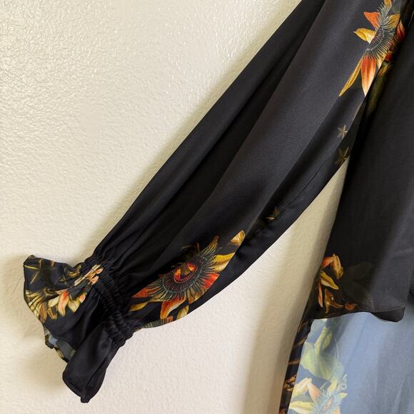 All Saints Black Floral Penny Avifauna Top Womens US 10 Long Sleeve Shirt Blouse - Picture 3 of 11